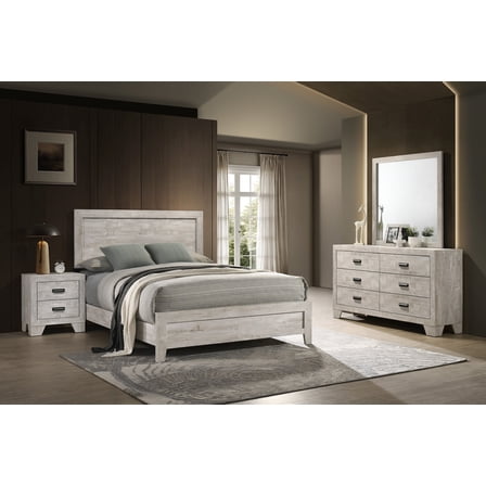 Whitewashed Wood Finish 5pc King Size Panel Bed Set Master Bedroom Furniture