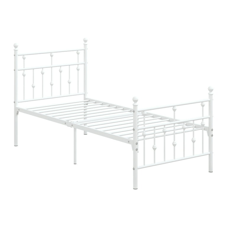 WeeHom Twin Metal Bed Frame with Vintage Headboard for Boys Girls Kids Single Platform Bed Frame for Bedroom White
