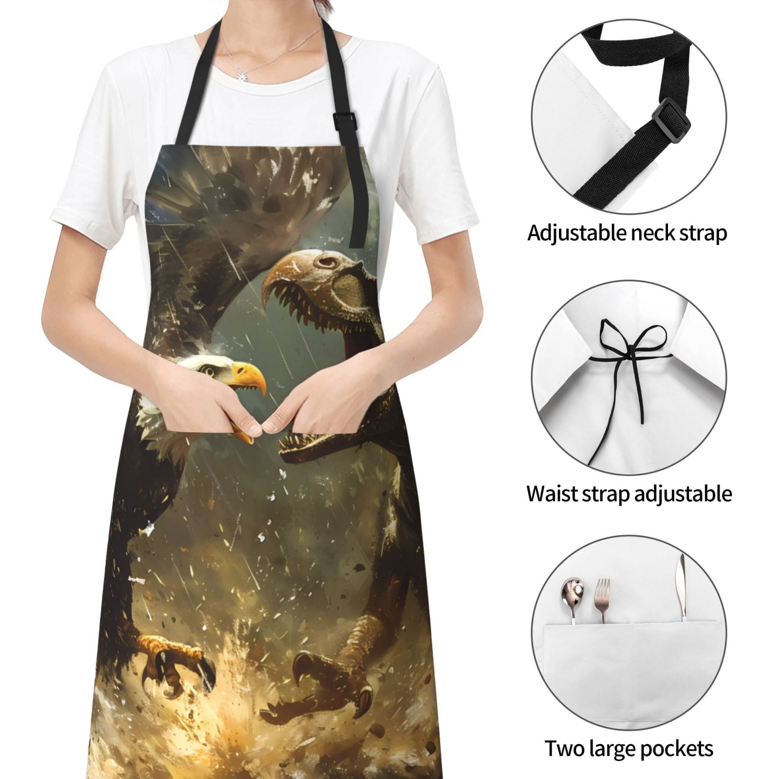 Kdxio Dinosaur Bald Eagle Apron with Pockets Adjustable Kitchen Aprons for Men Women Waterproof Aprons for Cooking,Drawing,Crafting, Baking Household Cleaning