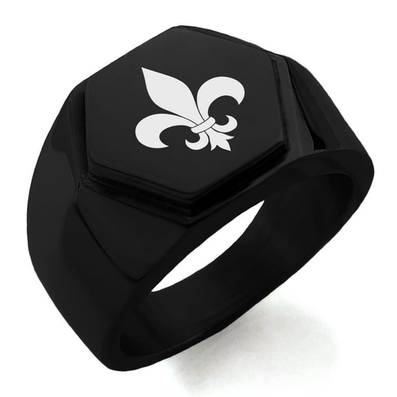 Stainless Steel Fleur De Lis Engraved Hexagon Crest Flat Top Biker Style Polished Ring