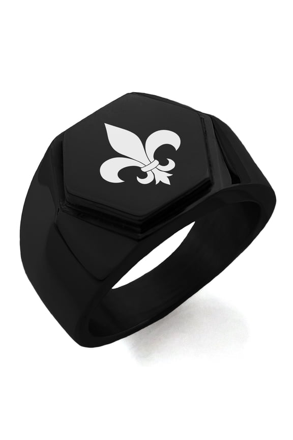 Stainless Steel Fleur De Lis Engraved Hexagon Crest Flat Top Biker Style Polished Ring