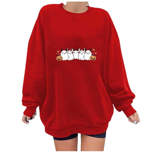 Rbaofujie Chandails pour Femmes Mode Tendance Blouse Imprimée Ample à Manches Longues Col Rond Chandails en Molleton Sans Capuche Rouges Automne Chandails à Capuchon pour Femmes