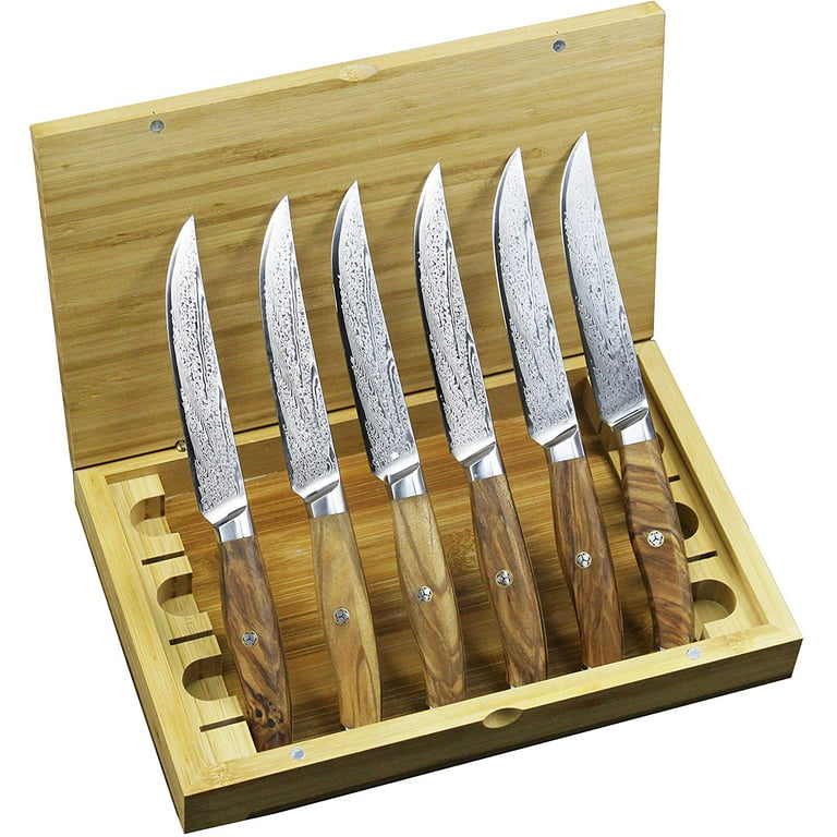 Steak Knives, 6-pcs, Super-Sharp 5” Damascus Steak Knife, Highly Resistant  and Durable, Rust-Resistant Japanese VG10 Steel, Olive Wood Handle, Non-Serrated  Steaks Knives in Gift Box 