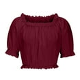 thumbnail image 5 of Women's Off Shoulder Ruffle Trim Ruched Short Sleeve Blouse Crop Top, 5 of 6