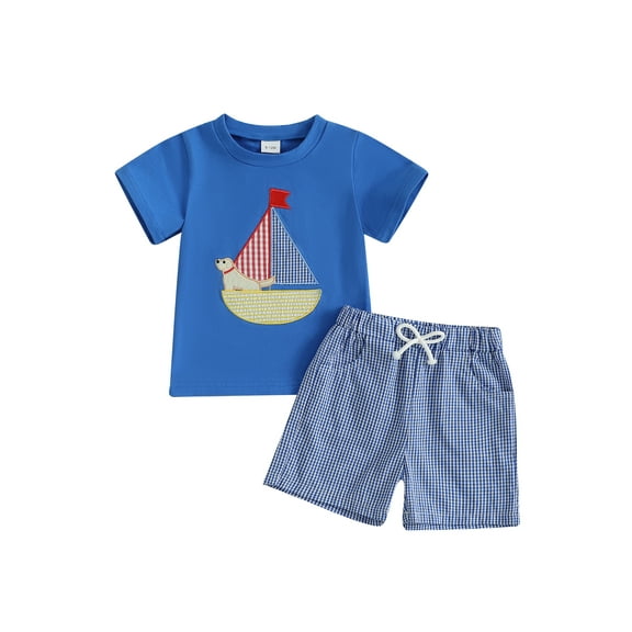 Rovasas Boy Outfit Sailboat Embroidery Short Sleeve T-Shirt Plaid Shorts