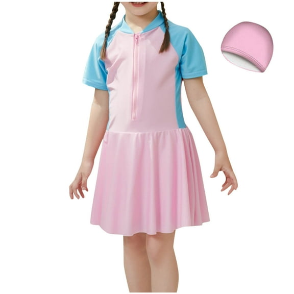 Jgppe Bathing Suit for Girls Zip up Short Sleeve Romper Skirt Swimsuits with Short Lined 2-11 Years