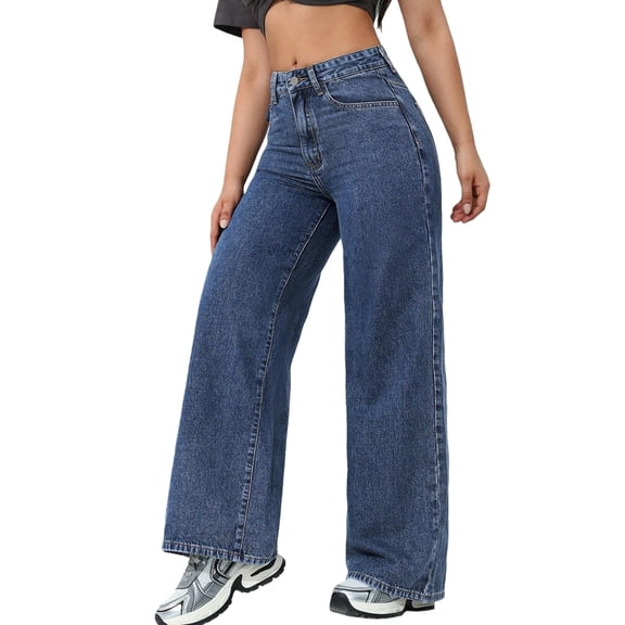 Women Straight Leg Jeans High Waisted Stretchy Wide Leg Boyfriend Jeans Denim Pants L