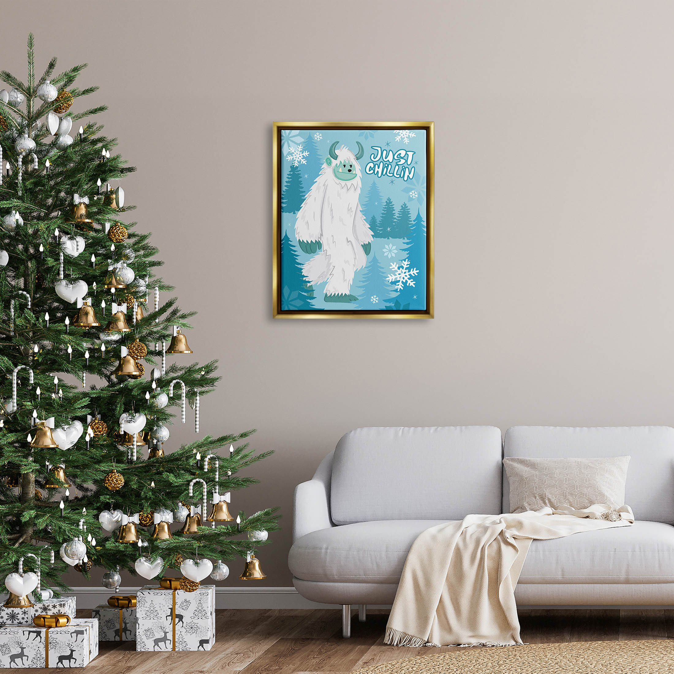 Just Chillin Funny Winter Yeti Holiday Graphic Art Metallic Gold Framed Art Print Wall Art