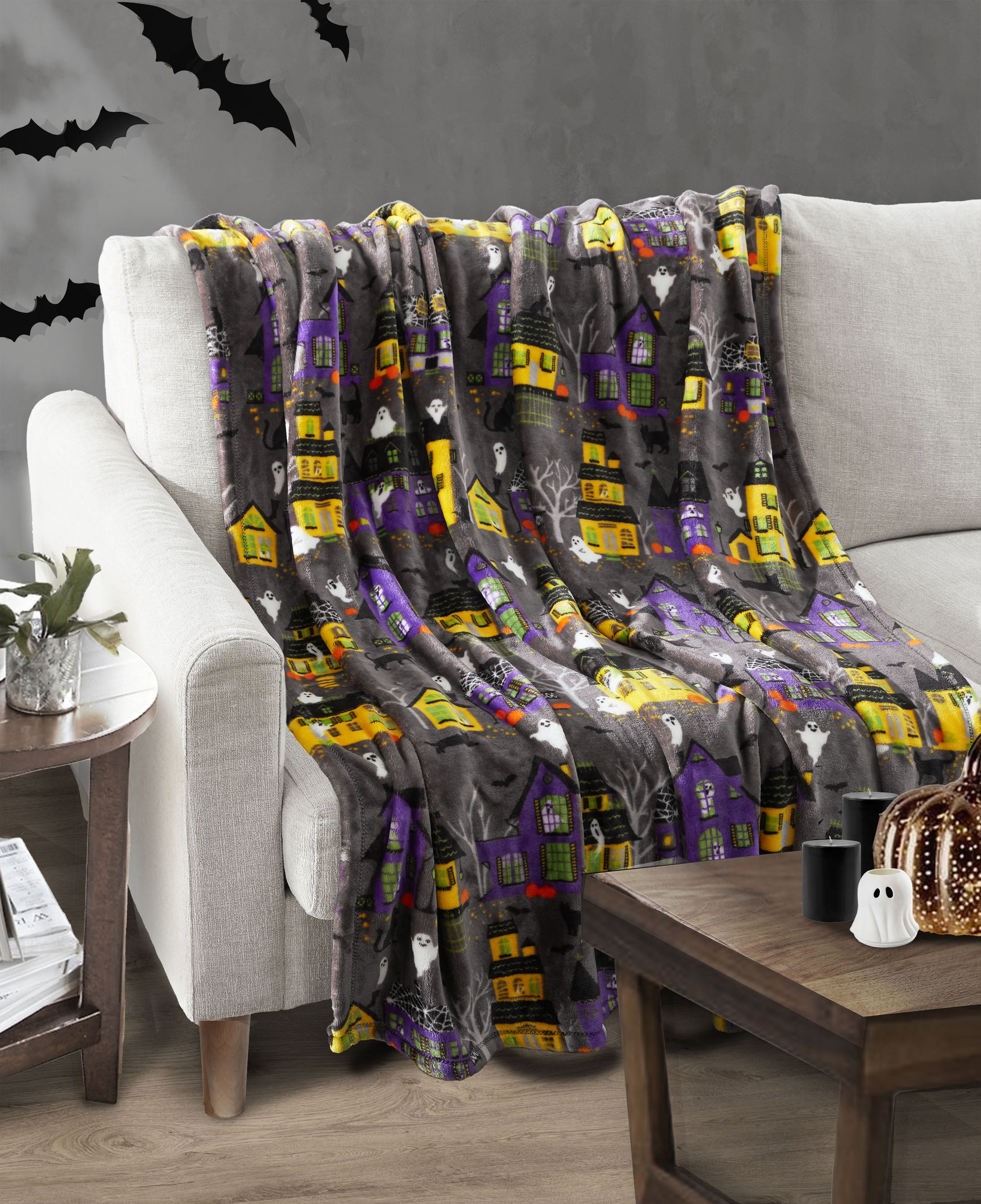 Way To Celebrate, Halloween Houses Throw Blanket, Gray, Standard Throw
