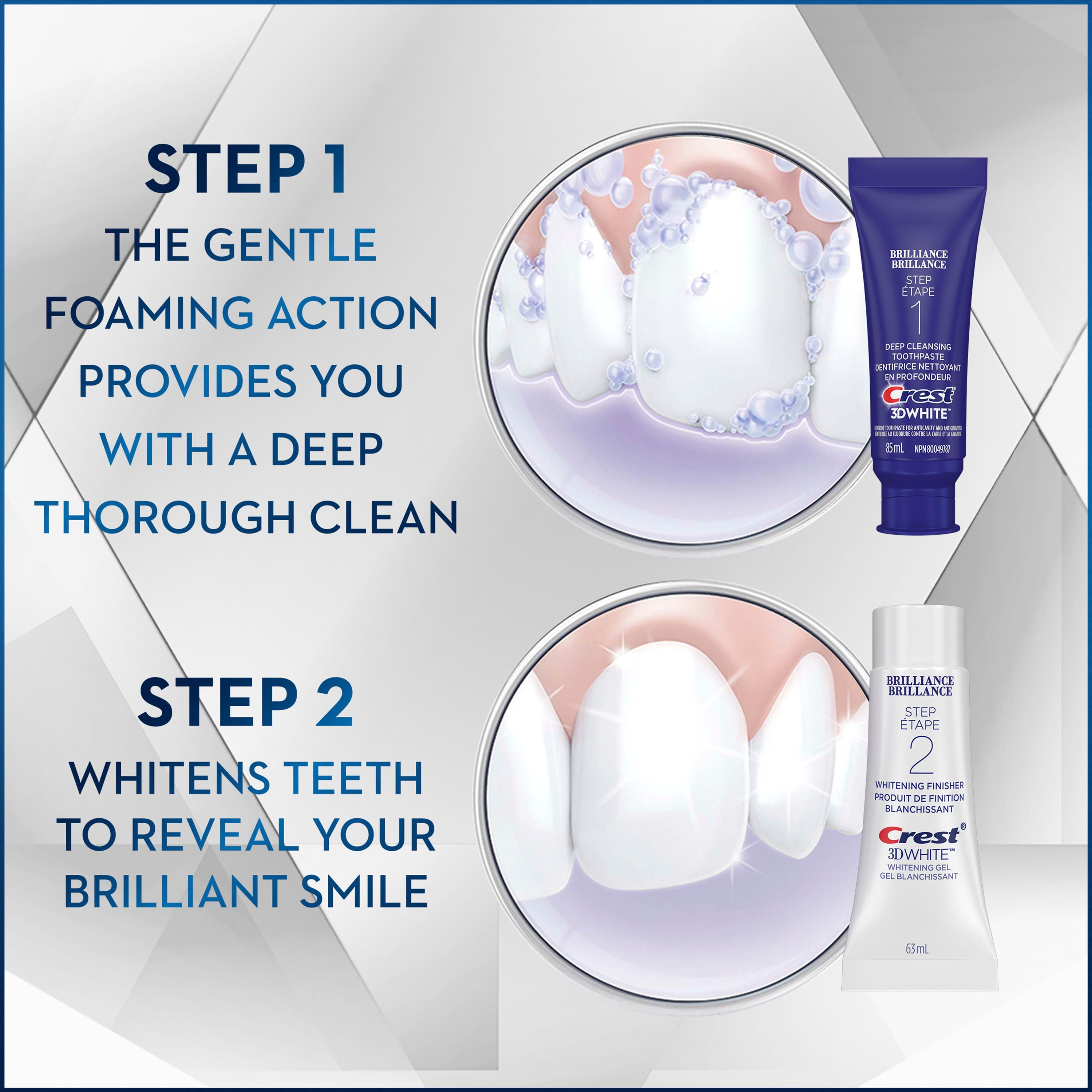 Dentifrice en deux étapes Crest 3D White Brillance + gel blanchissant 1 tube de 85 m (Dentifrice) et 1 tube de 63 ml (Gel)