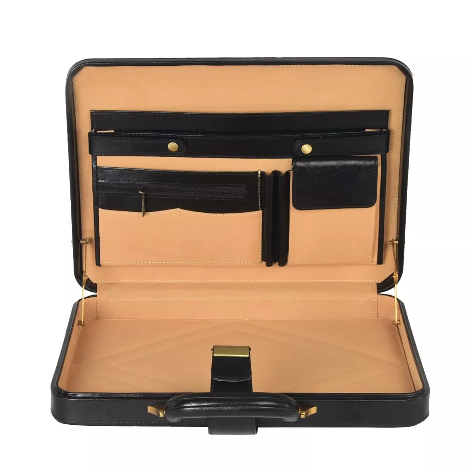 LINDSEY STREET Premium Look Genuine Leather Attache Briefcase for Mens Office Handbag 14 Inch Laptop Case