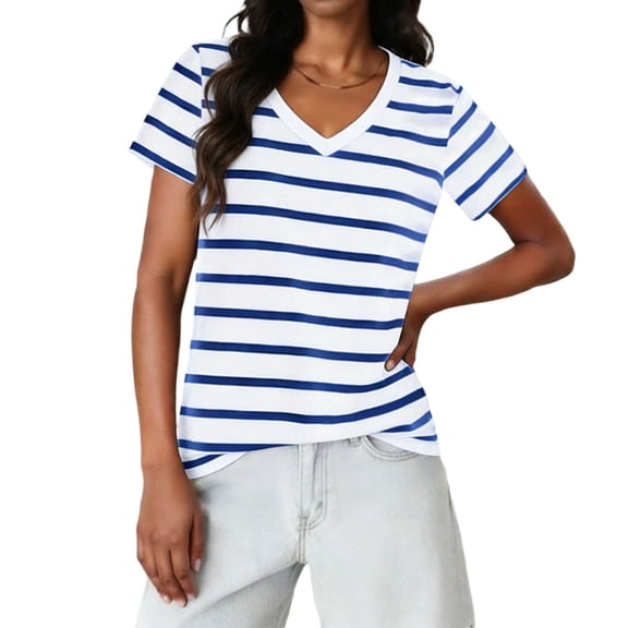 GUACER Trendy Womens T Shirts Striped Color Block V Neck Loose Lightweight Short Sleeve Blouses