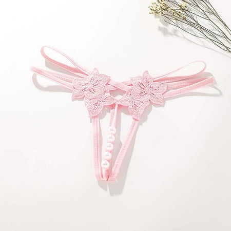 Luxalzxs Womens Sexy Pearl G String Tongs Low Waist Hollow Out Y-Back Flowers Embellished Underwear Valentine Underpants Open Cut Panties Lingerie