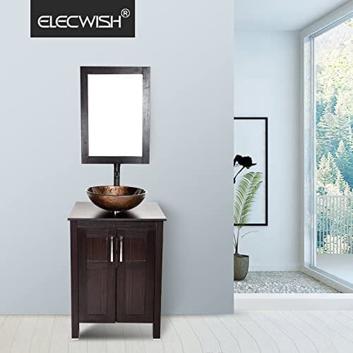 ELECWISH Bathroom Vessel Sink with Faucet Mounting Ring and Pop Up Drain 16.5 Inch Tempered Glass Basin (Brown)