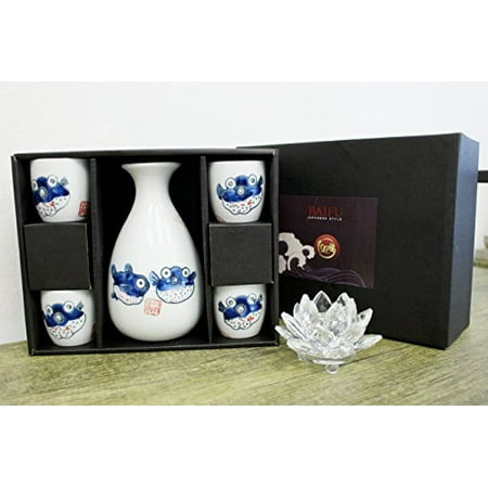 Traditional Porcelain Puffer Fish Sake Set 4 Cups 1 Decanter / Carafe / Sake Set / House warming / Gift / Birthday Gift / Japanese / Wine Glass / Kitchen / Asian- D