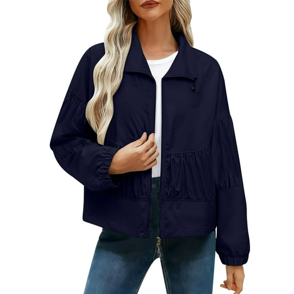 Stamzod Jackets for Women Casual Long Sleeve Light Weight Jackets Womens Fall Fashion Ruched Cropped Jacket Coats Navy S