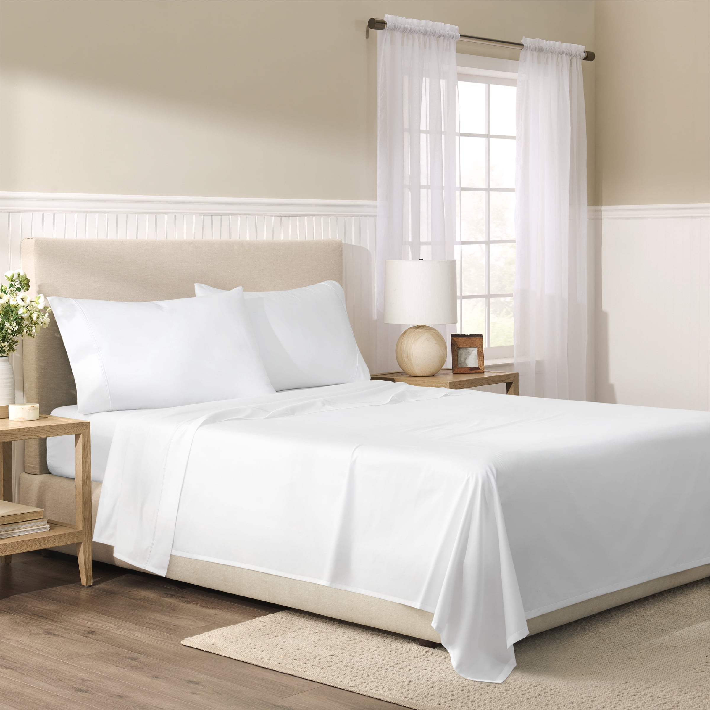 Wamsutta 1846 4-Piece 650 Thread Count Bright White Egyptian Giza Cotton Sateen Bed Sheets, King-Deep Pocket