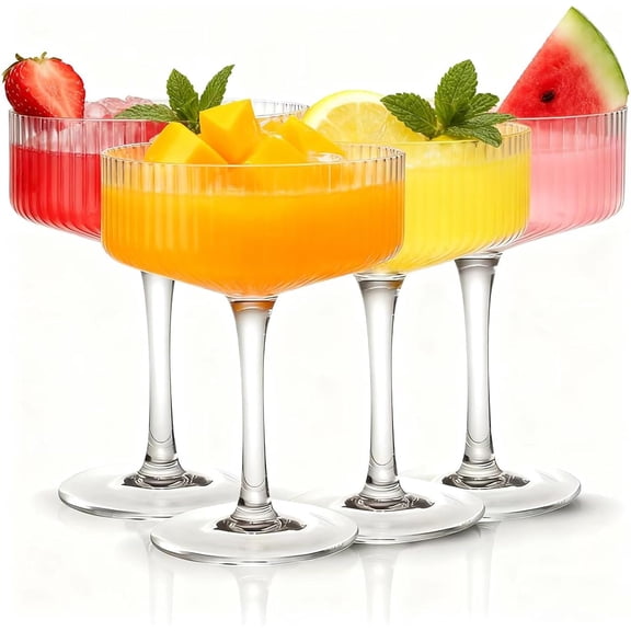 4 Pcs Ribbed Coupe Glasses, 10 oz Large Vintage Martini Glass Set, Unique Margarita Glass, Classic Cocktail Galssware, Bar Drinking Glasses Set for Cocktail, Wine, Champagne, Espresso & Gift
