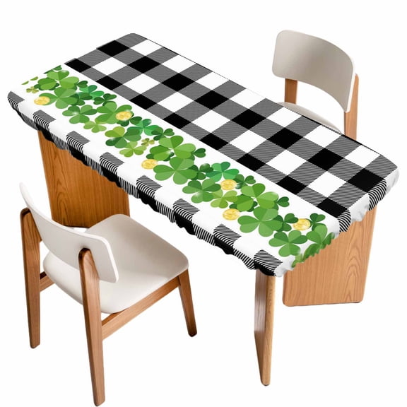 St. Patrick's Day Table Cloths for 6 Foot Rectangle Tables, Green Shamrock Grasses Black White Plaid Patio Waterproof Elastic Fitted Tablecloths, Washable Rectangular Table Cover for Camping