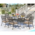 thumbnail image 5 of Magic Union 7 Pieces Outdoor Dining Set, Cast Aluminum Retro Patio Dining Set Includes 59" Rectangular Dining Table with Umbrella Hole and 6 Stackable Dining Chairs with Khaki Cushions for Garden Yard, 5 of 9
