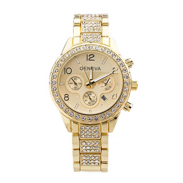 Reloj de mujer, reloj de hombre con calendario y correa de acero con tres esferas de diamantes