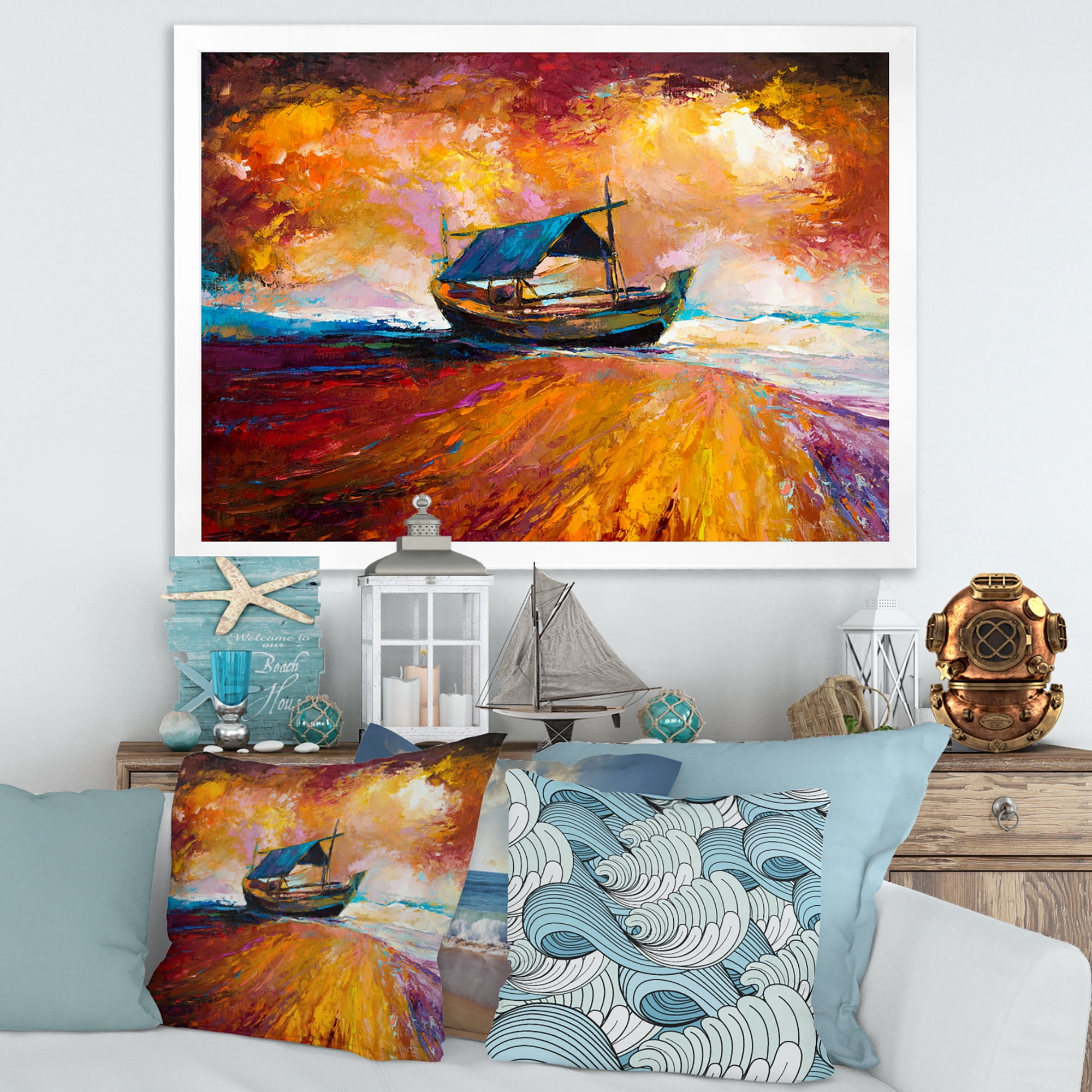 Traditional Fisher boat During Ocean Evening Glow 40 in x 30 in Framed Painting Canvas Art Print, by Designart
