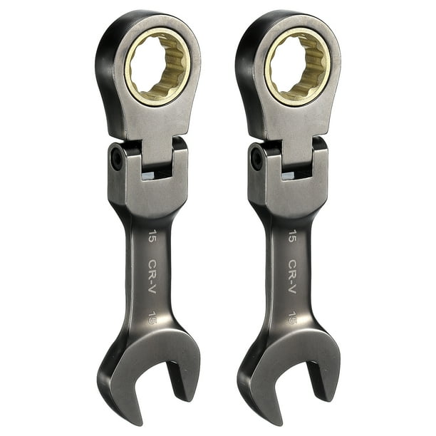 Uxcell 2Pcs Flex Head Stubby Ratcheting Combination Wrench 15mm Métrico 72-Dientes Acero CR-V Niquelado