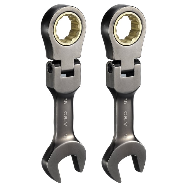 Uxcell 2Pcs Flex Head Stubby Ratcheting Combination Wrench 15mm Métrico 72-Dientes Acero CR-V Niquelado