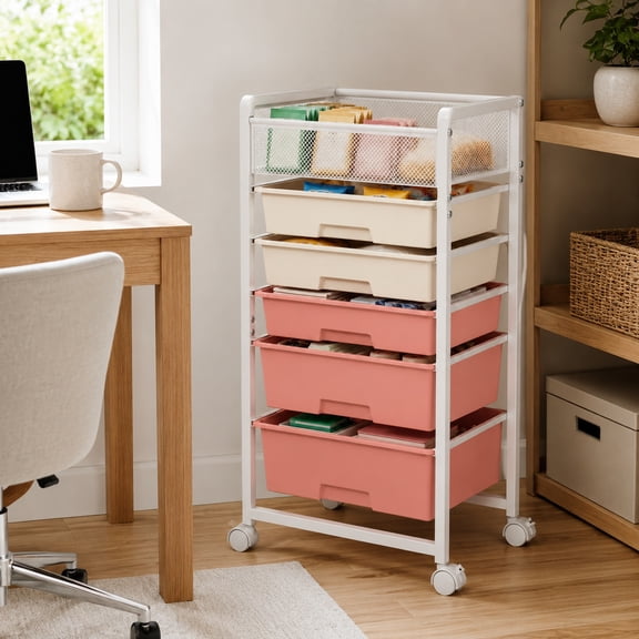 5-Tier Rolling Utility Cart with 5 Drawers, Metal Storage Organizer Trolley with Wheels, Mobile Craft Cart for Kitchen, Bathroom, Office and Home