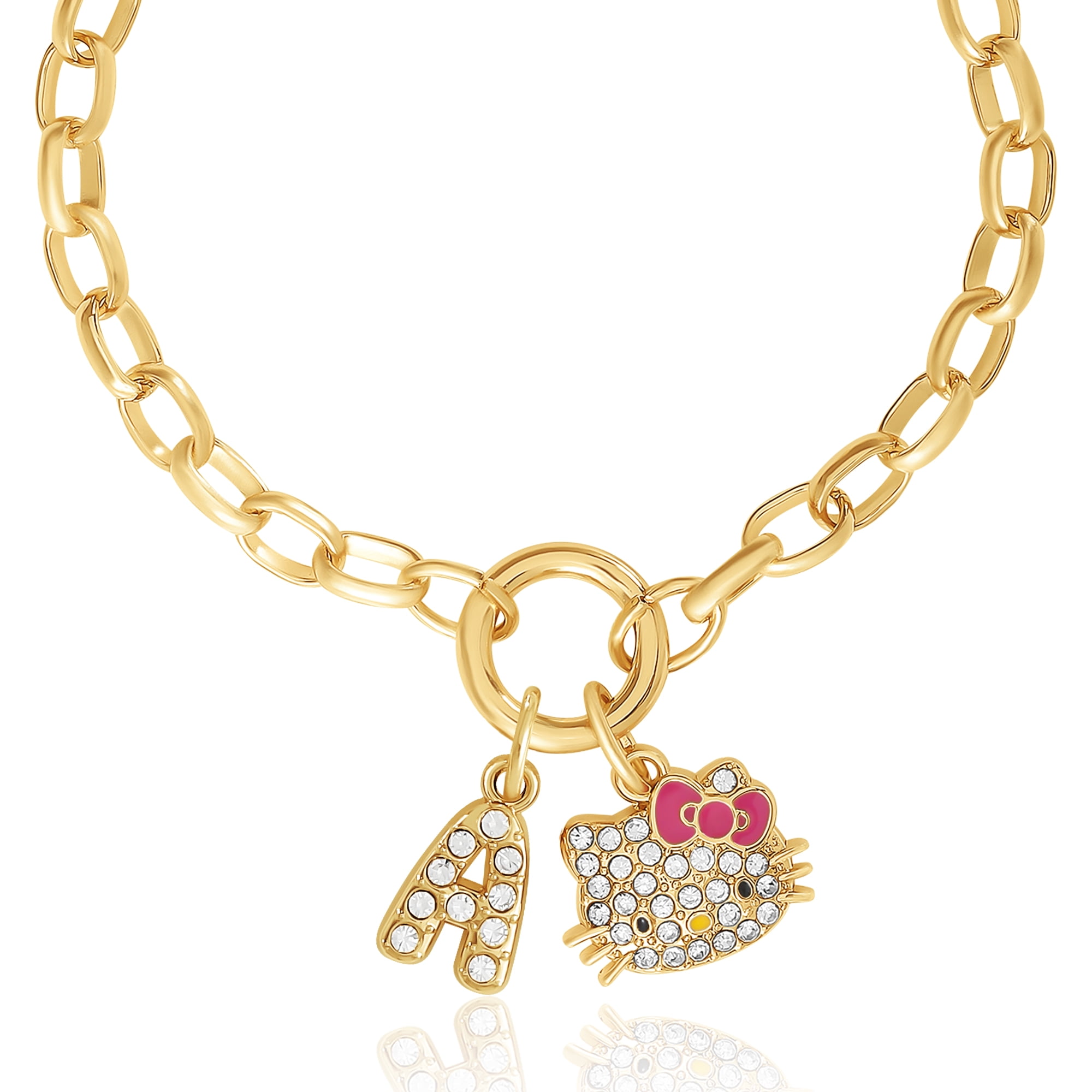 Hello Kitty Initial Crystal Charm Bracelet, Gold‑Tone, Adjustable