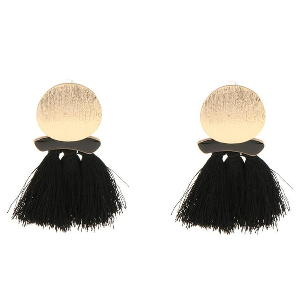 Pendientes bohemios con borlas, pendientes tipo botón, colgantes, de lana, con forma circular, llamativos para mujer Negro