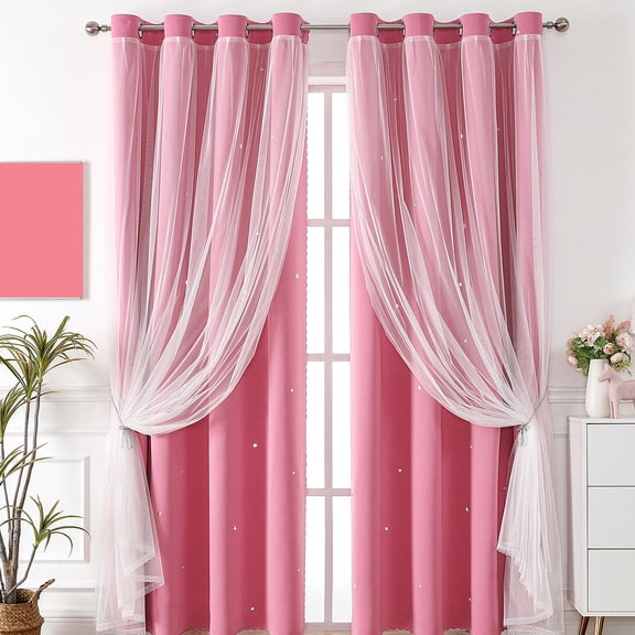 1Pcs Blackout Curtains Double Layer Star Lace Sheer with Blackout Liner Thermal Insulated 1*2m Pink Bedroom Living Room Window Curtains