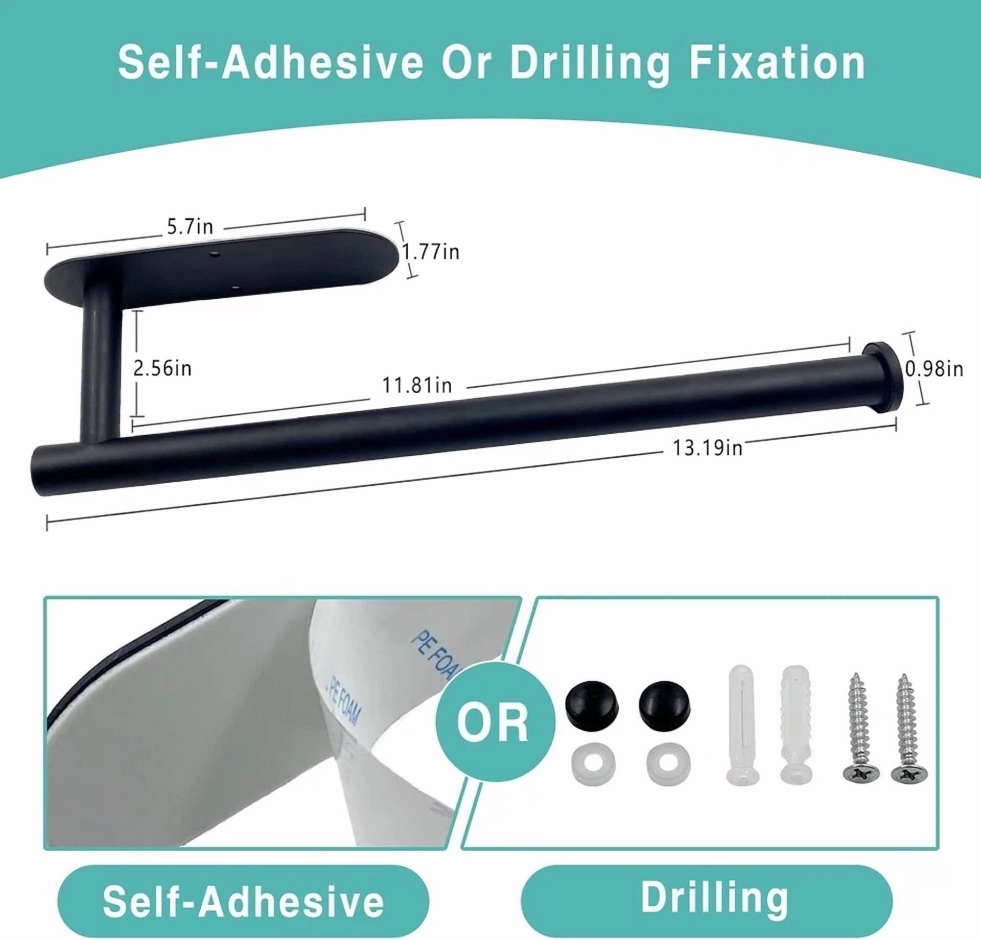PRIME - Black Paper Towel Holder – Adhesive/Wall Mount Under Cabinet For Kitchen & Bath