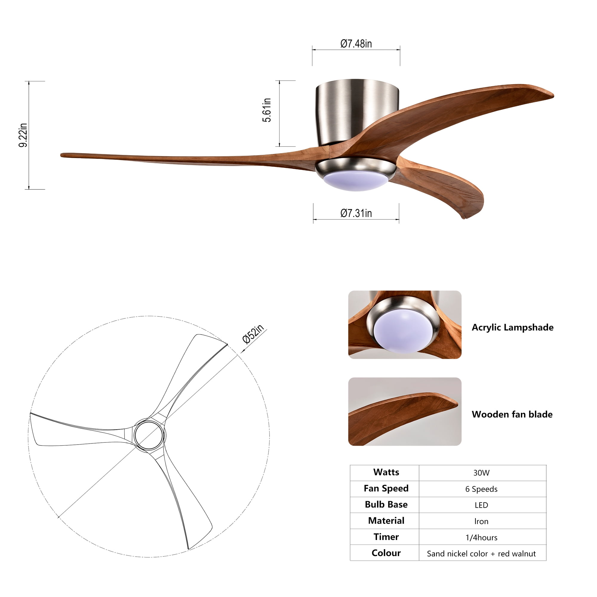Leumius 52" Solid Wood Blades Ceiling Fan with Light and Remote Control, Noiseless Reversible Motor, 6 Speed for Patio Living Room, Bedroom Nickel