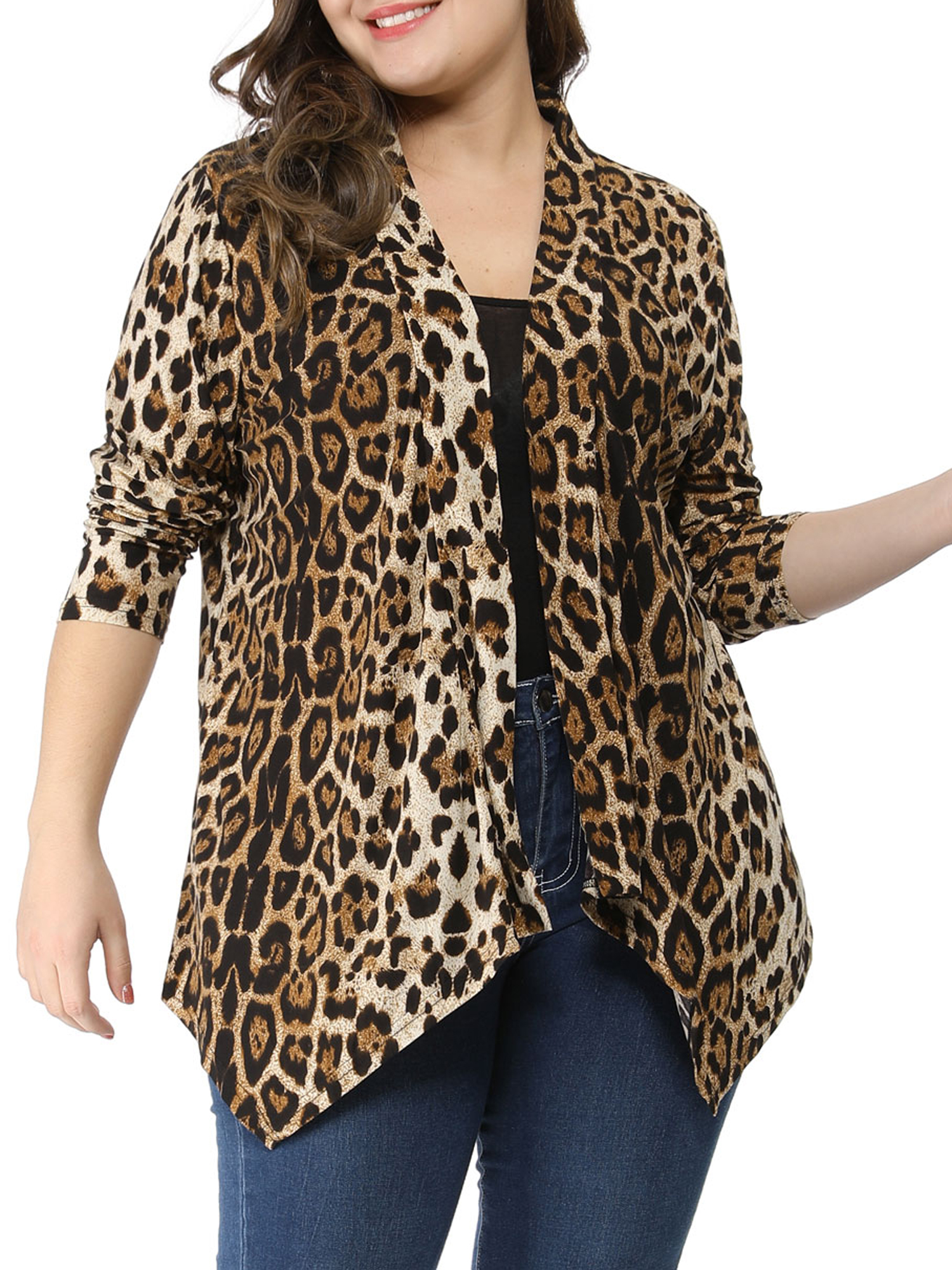 Unique Bargains Juniors' Plus Size Leopard Front Open Asymmetrical Cardigan 3X Beige
