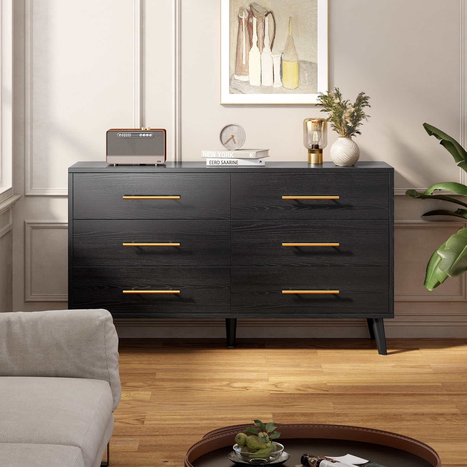 Noelse 6 Drawer Dresser with Metal Handles, Modern Black Dresser Storage Cabinet for Bedroom Home