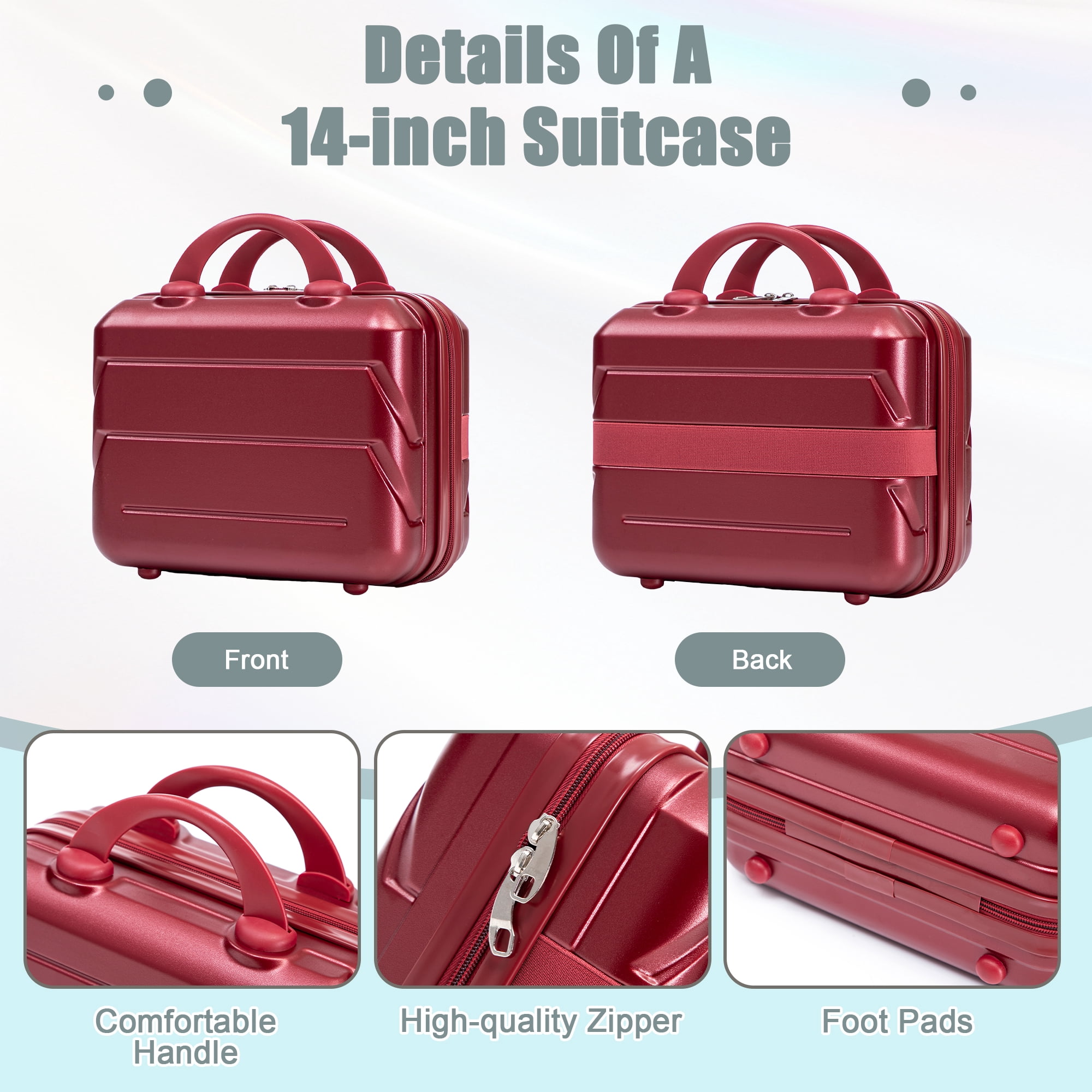 14"/20" 2 Piece ABS Spinner Wheel Luggage Set with Combination Lock & 14" Cosmetic Case, Wine Red