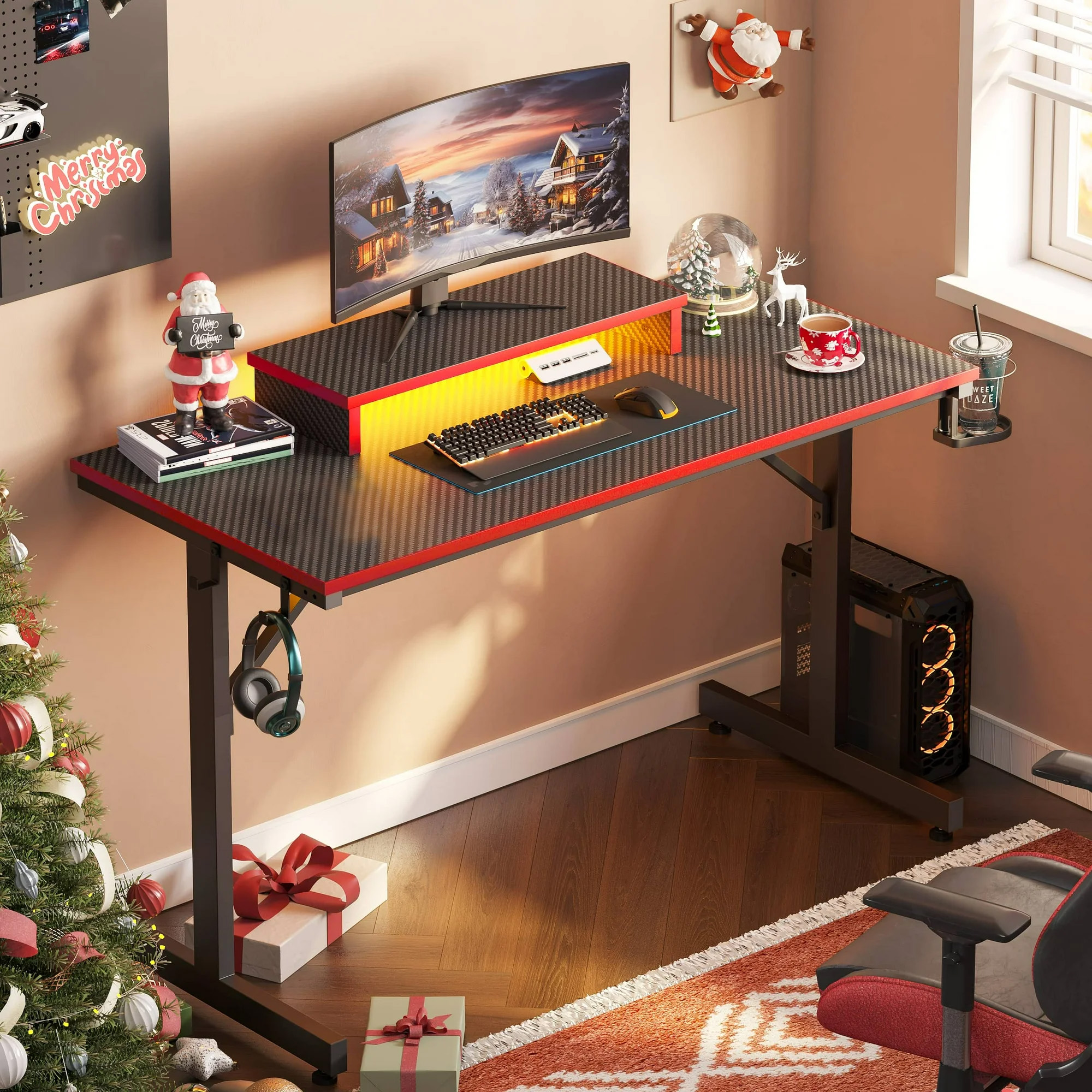 Bestier 42-Inch Gaming Desk with LED Lights and Monitor Stand, Red photo 5
