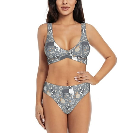 Zeuib Cute Dog And Flowers High Waisted Tummy Control Bikini Set - Knot Front Push Up Top & Cheeky Thong Bottom  Two-Piece Swimsuit for Women-Medium