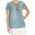 thumbnail image 2 of Vintage America Womens Lelah Fringe Knit Blouse, Blue, Medium, 2 of 3