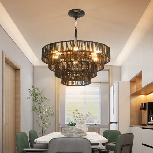 ACE-LIGHTS,Rustic 4-Tier Height Adjustable Hemp Rope Chandelier(Bulb Not Included),Pendant Light,Handmade Tiered Boho Ceiling Light Fixture for Living,Dining Room,Kitchen,Foyer(Black)