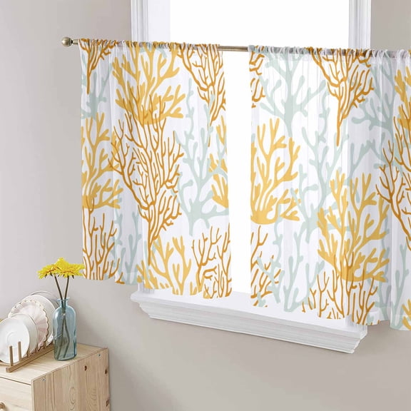 Orange Gray Coral Coastal Sheer Curtains 54 Inches Length 2 Panels Set, Window Sheer Curtains for Living Room/Bedroom, Summer Beach Seaside Nautical Light Filtering Rod Pocket Curtain 52'' x 54'' x 2