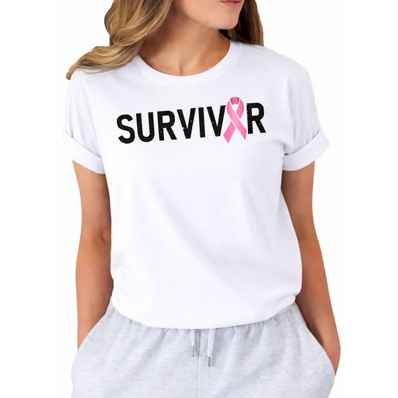 Breast Cancer Survivor Pink Ribbon T-Shirt for Women, Strength Hope Awareness Short Sleeve Graphic Shirt