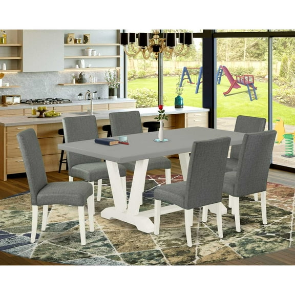 East West Furniture V097DR207-7 7-Pc Dinette Set - 6 Dining Chairs and 1 Modern Rectangular Cement Dining Table with High Chair Back - Linen White Finish