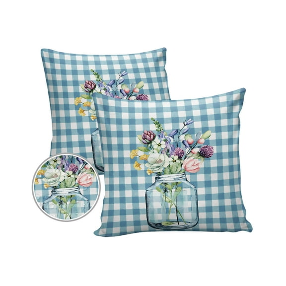 Pack of 2 Outdoor Pillow Covers, Spring Flowers Watercolor Blue Plaid Waterproof Square Throw Pillowcase Cushion Decorative Pillow Covers for Couch Patio Tent, 26x26 in