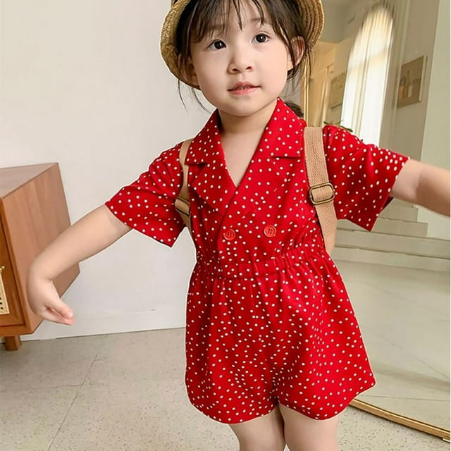 AMERTEER Aosijia Filles Polka Dot Imprimer Robe de Princesse avec Bouton Rétro Été Casual Rouge à Manches Courtes Ébouriffé une Ligne Robe