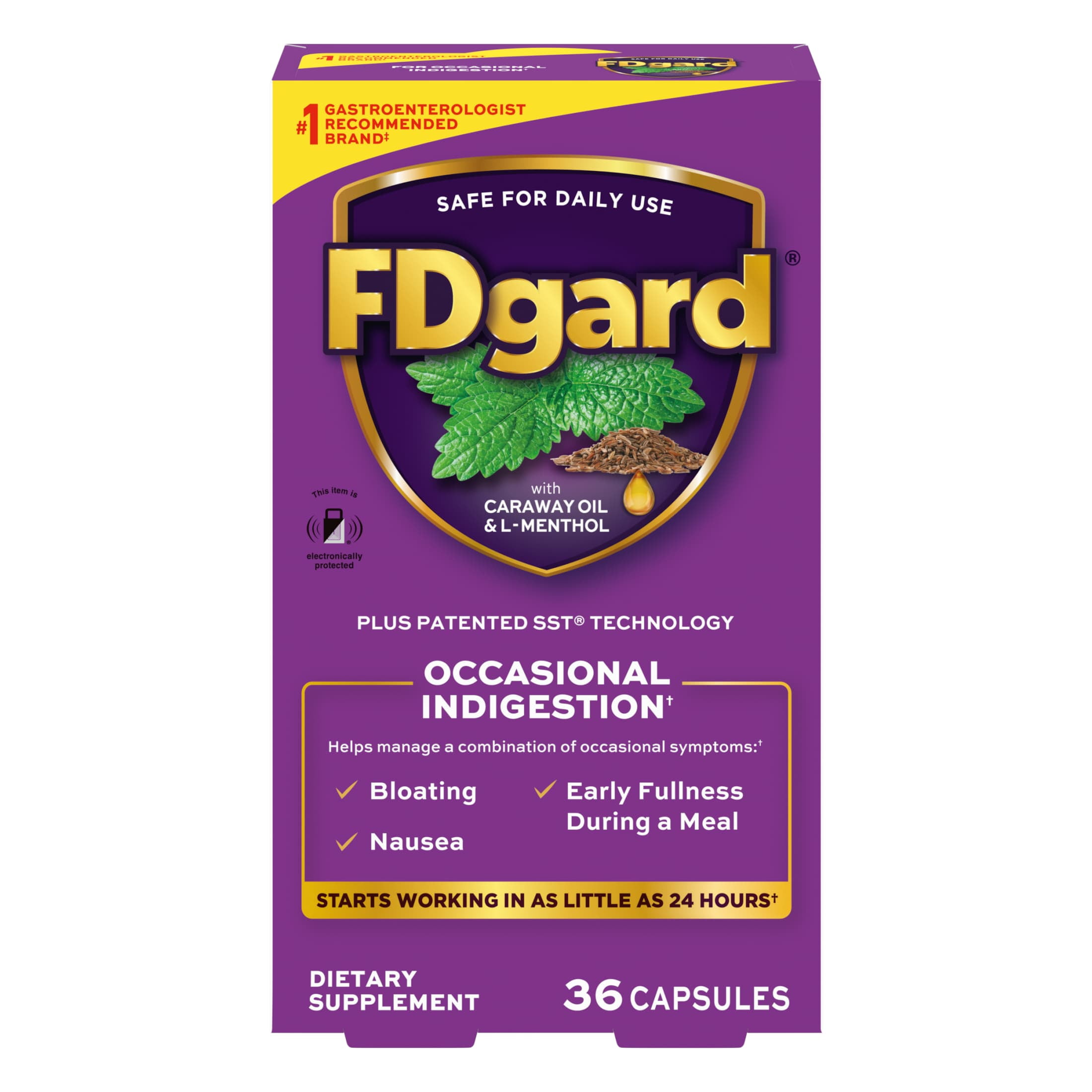 FDgard Digestive Health Supplement with Caraway Oil & L-Menthol for Occasional Nausea, Bloating & Upset Stomach†, 36ct (Packaging May Vary)