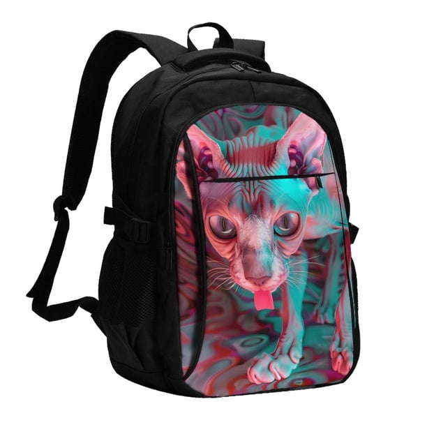 Easygdp Psychedelic Hairless Cat Mochila para Laptop de Viaje con Puerto USB, Mochila para Laptop con Puerto de Carga USB para Mujeres y Hombres