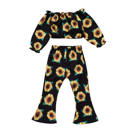

IZhansean Infant Baby Girl Clothes Sunflower Print Off Shoulder Long Sleeve Crop Top+Flared Pants Autumn Outfits Black 2-3 Years