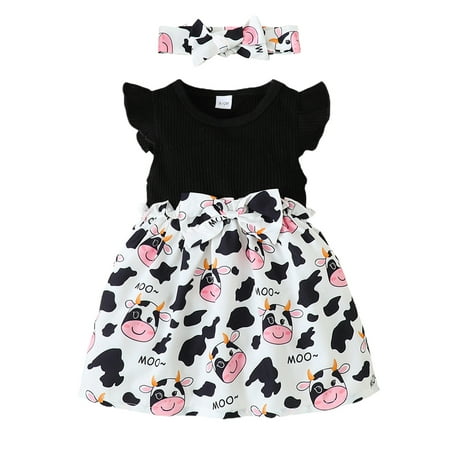 

Toddler Infant Baby Girls Dress Cow Print Ruffle Flying Sleeve A-line Dress Headband Summer Outfits